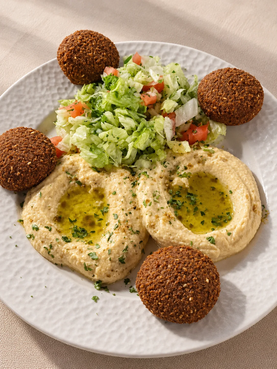 Falafel, hummus e insalata